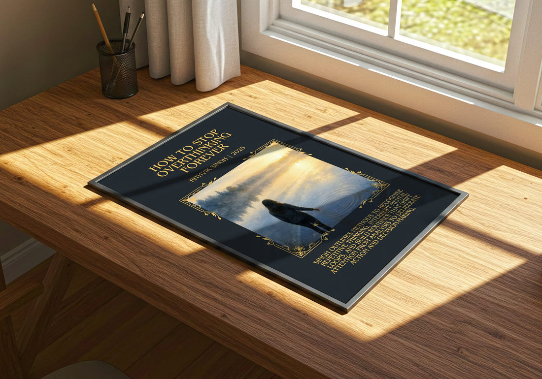 How To Stop Overthinking Forever Minimalist Book Poster by R. Singh – print on a sunlit desk