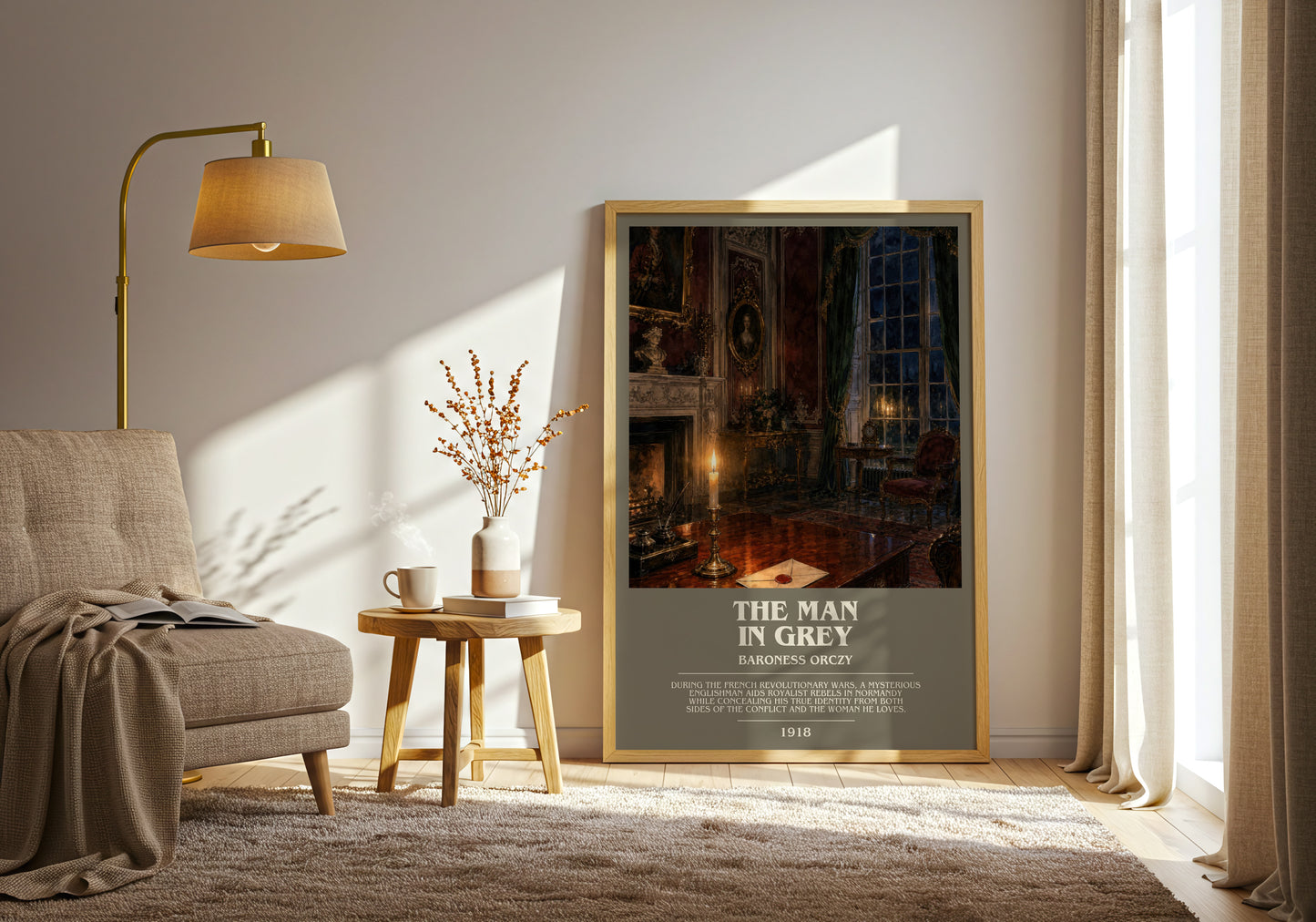 The Man In Grey bookish print on bookshelf – Baroness Orczy fan gift