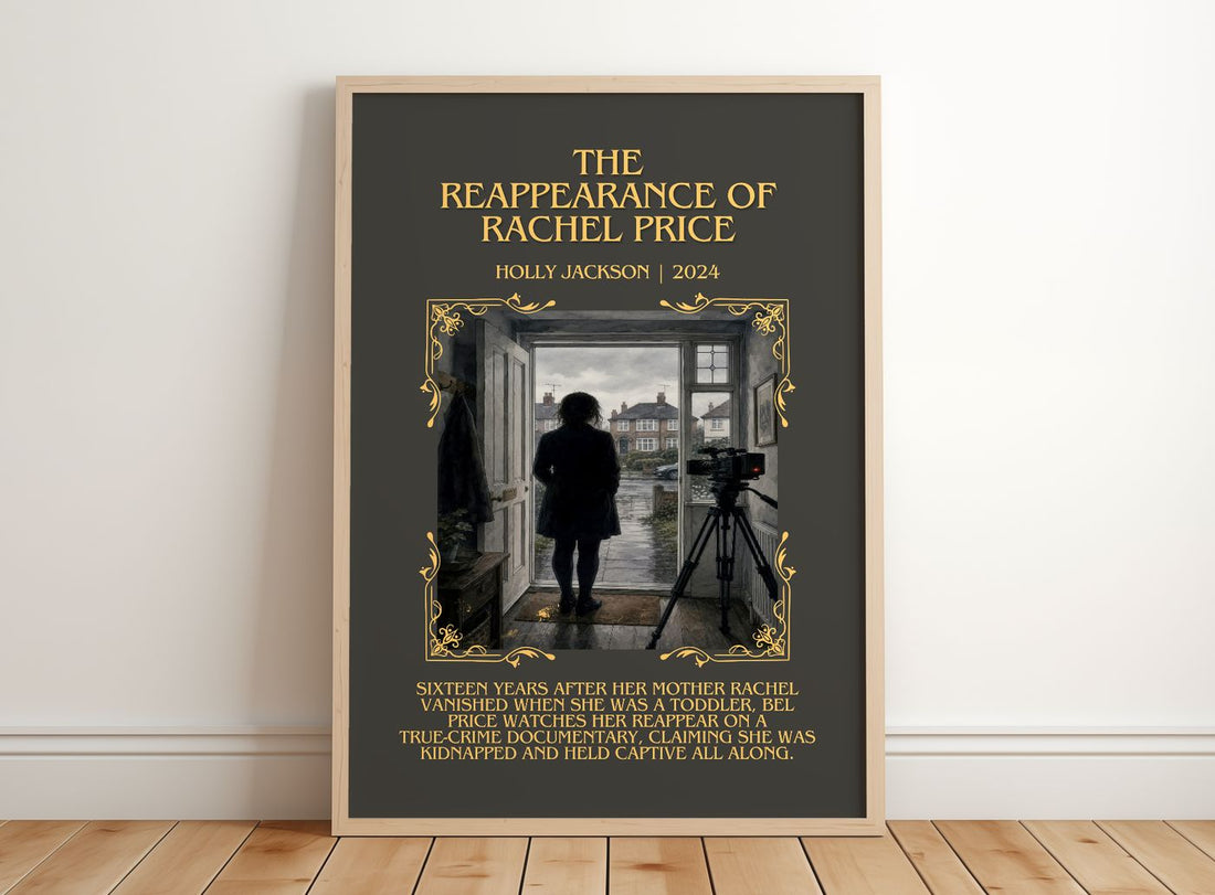 Reappearance of Rachel Price Minimalist Book Poster by Holly Jackson – framed print leaning on a wooden floor