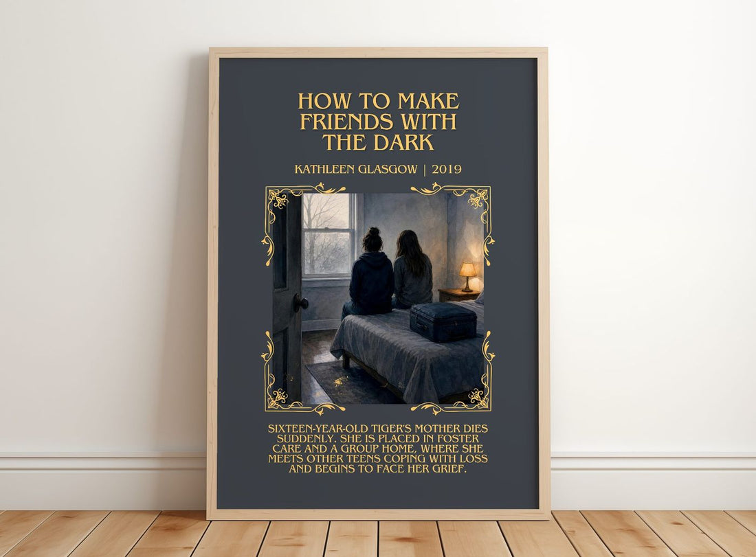 How to Make Friends with the Dark Minimalist Book Poster by K. Glasgow – framed print leaning on a wooden floor