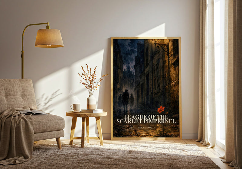 League Of The Scarlet Pimpernel watercolour print in frame leaning in hallway – historical fiction wall art