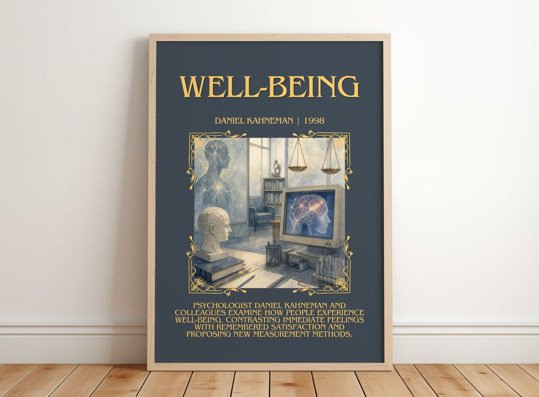 Well-being Minimalist Book Poster by Daniel Kahneman – framed print leaning on a wooden floor