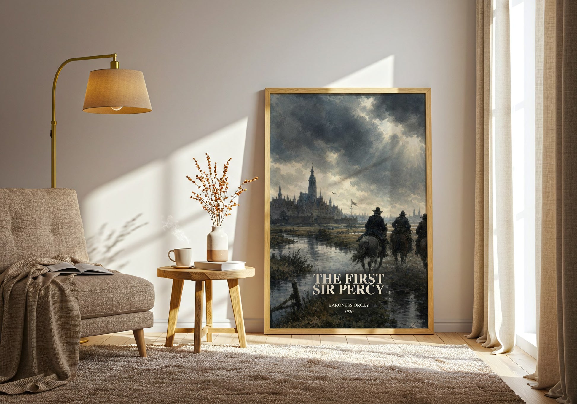 The First Sir Percy watercolour print in frame leaning in hallway – historical fiction wall art