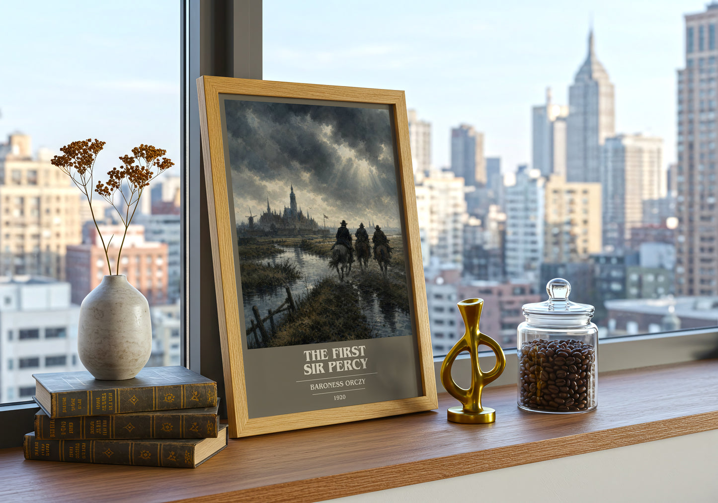 The First Sir Percy book cover print framed by window – literary home decor