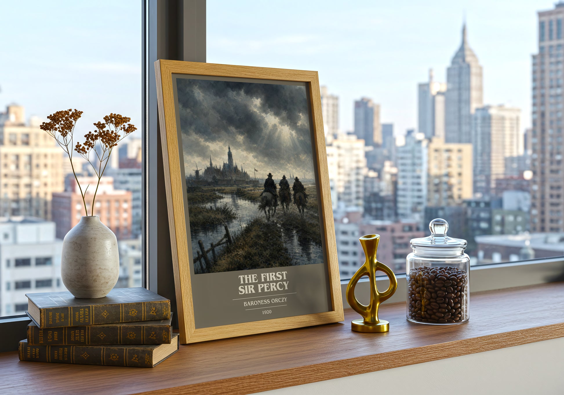 The First Sir Percy book cover print framed by window – literary home decor