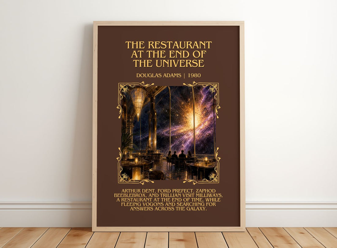 Restaurant at the End of the Universe Minimalist Book Poster – framed print leaning on a wooden floor