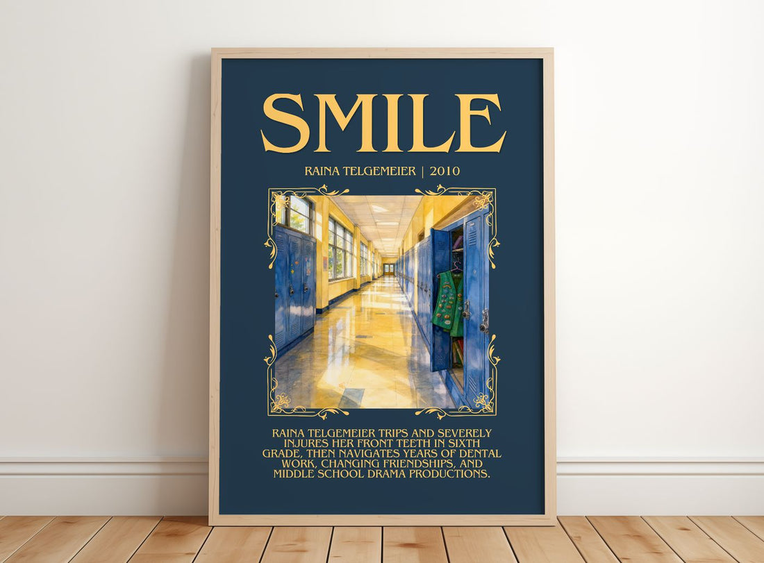 Smile Minimalist Book Poster by Raina Telgemeier – framed print leaning on a wooden floor