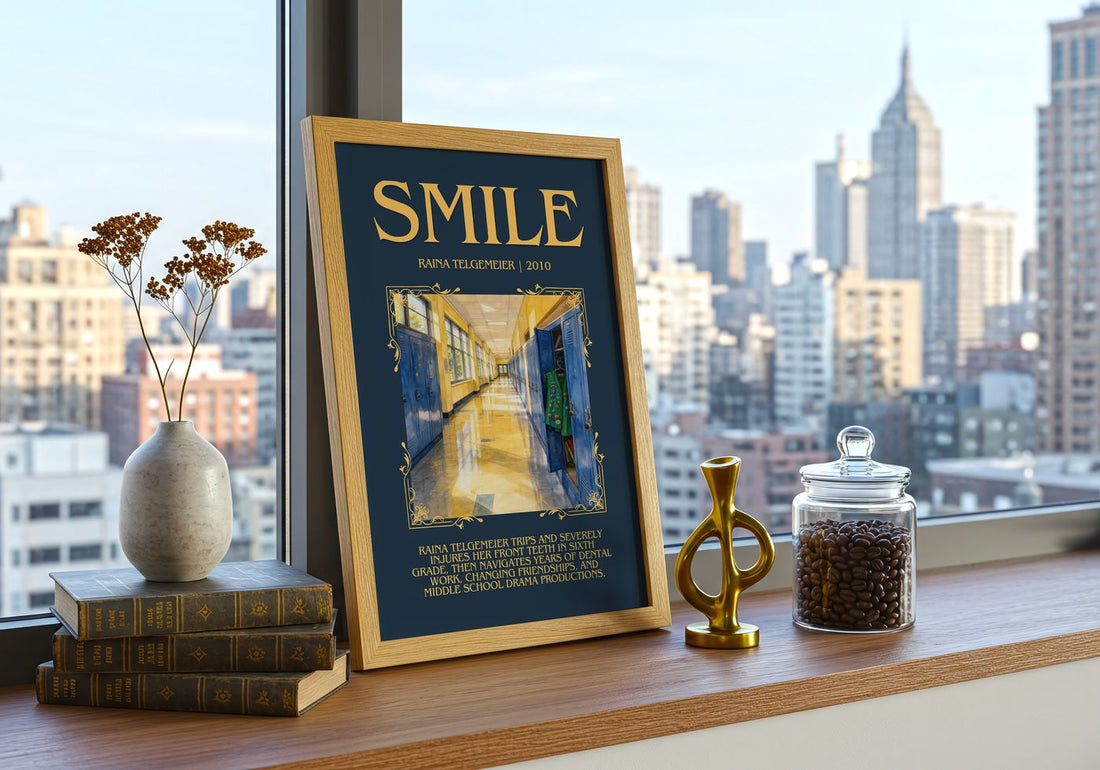 Smile Minimalist Book Poster by Raina Telgemeier – framed print on a city-view windowsill