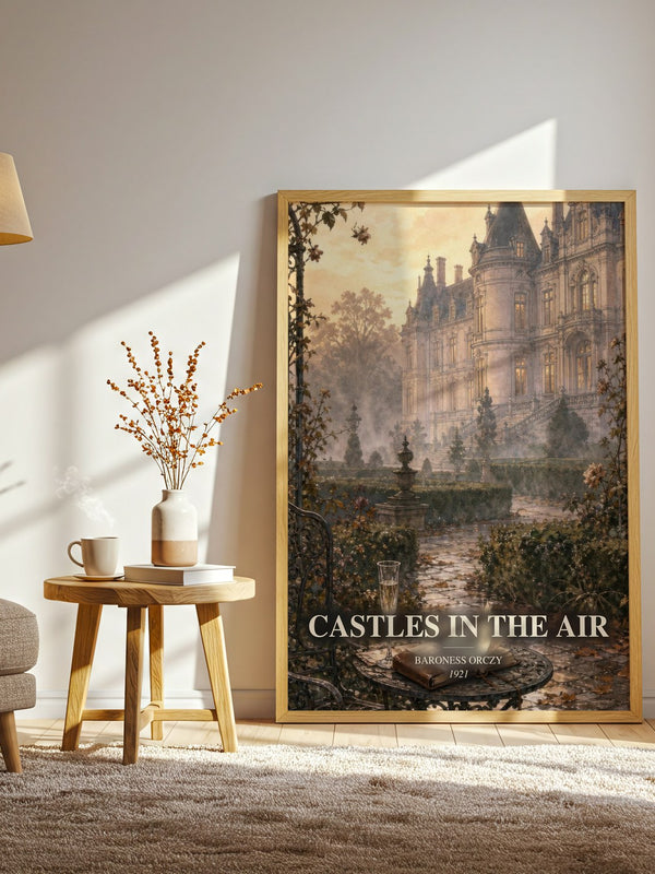 Castles In The Air watercolour print in frame leaning in hallway – adventure wall art