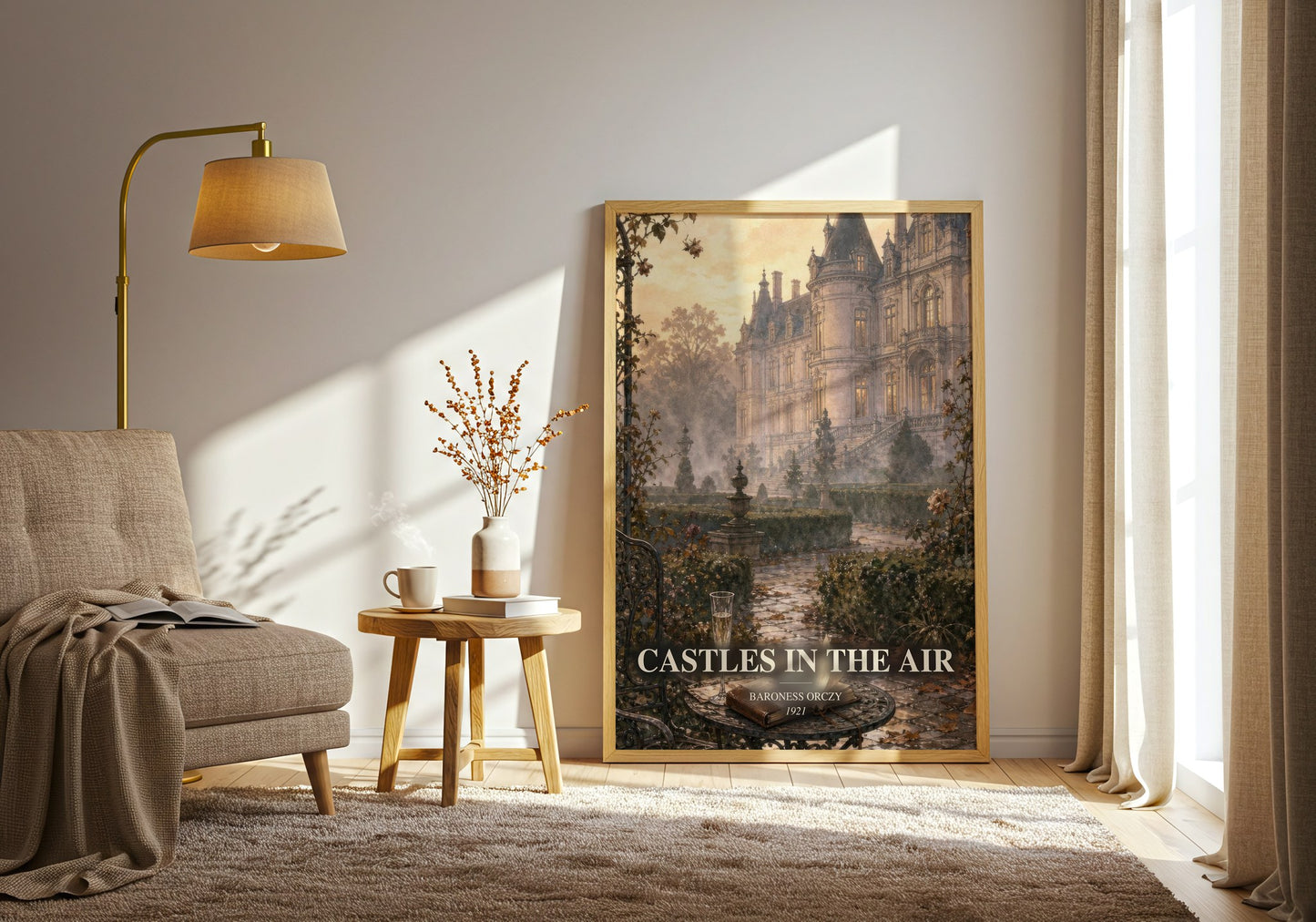 Castles In The Air watercolour print in frame leaning in hallway – adventure wall art