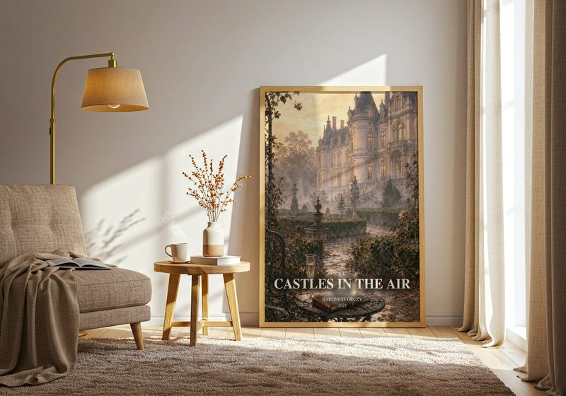 Castles In The Air watercolour print in frame leaning in hallway – adventure wall art