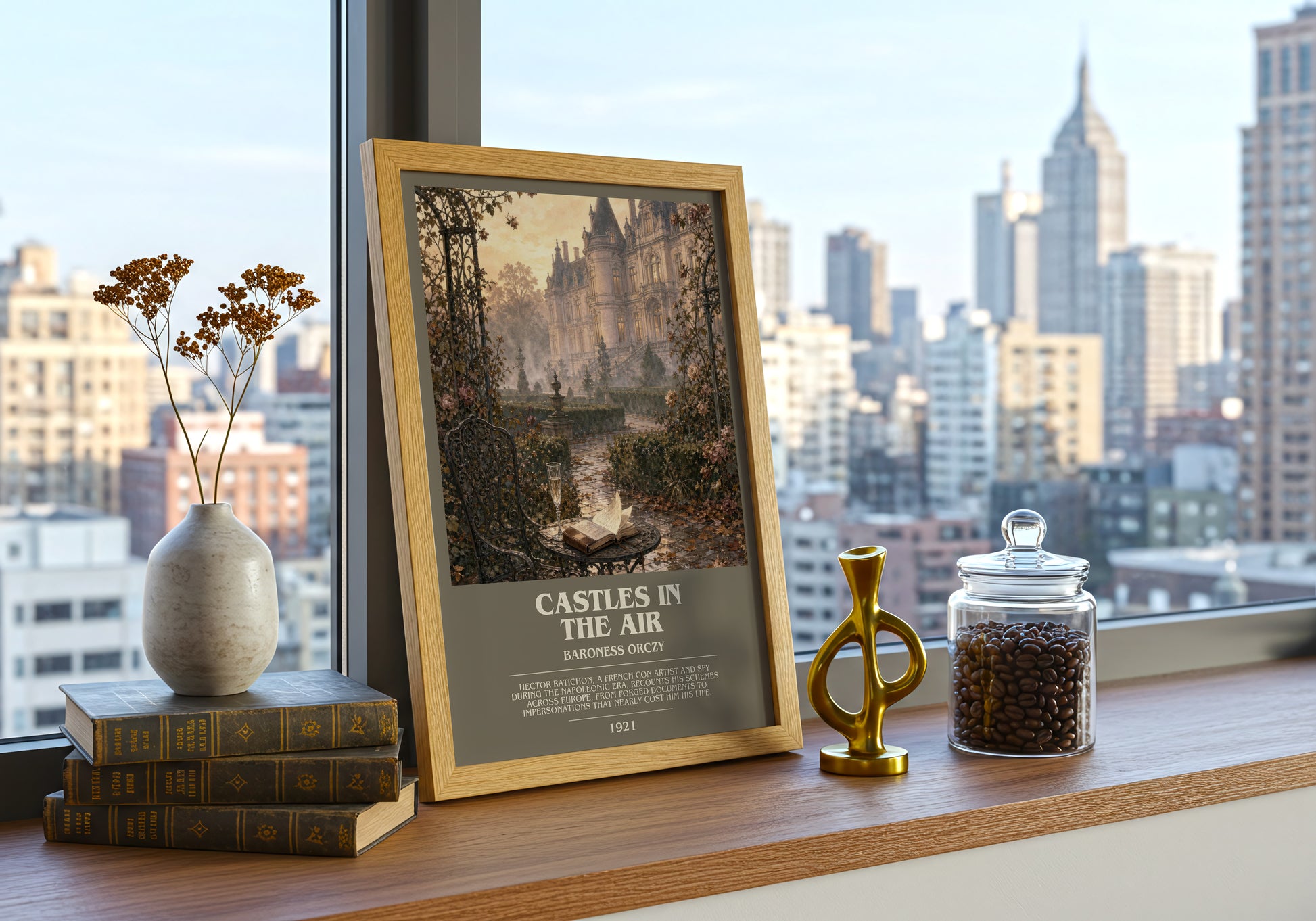 Castles In The Air bookish print framed by window – literary home decor
