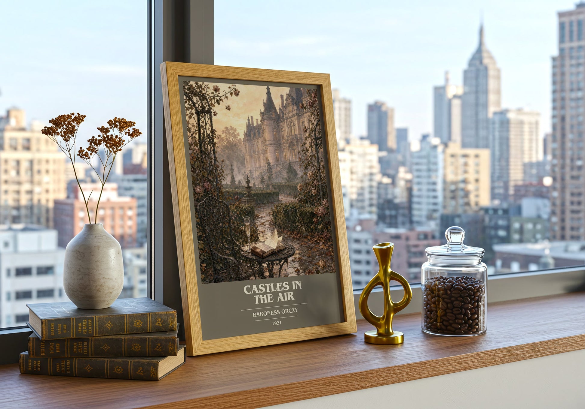 Castles In The Air book cover print framed by window – literary home decor