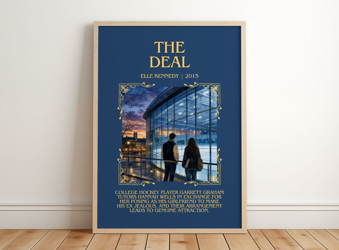 The Deal Minimalist Book Poster by Elle Kennedy – framed print leaning on a wooden floor