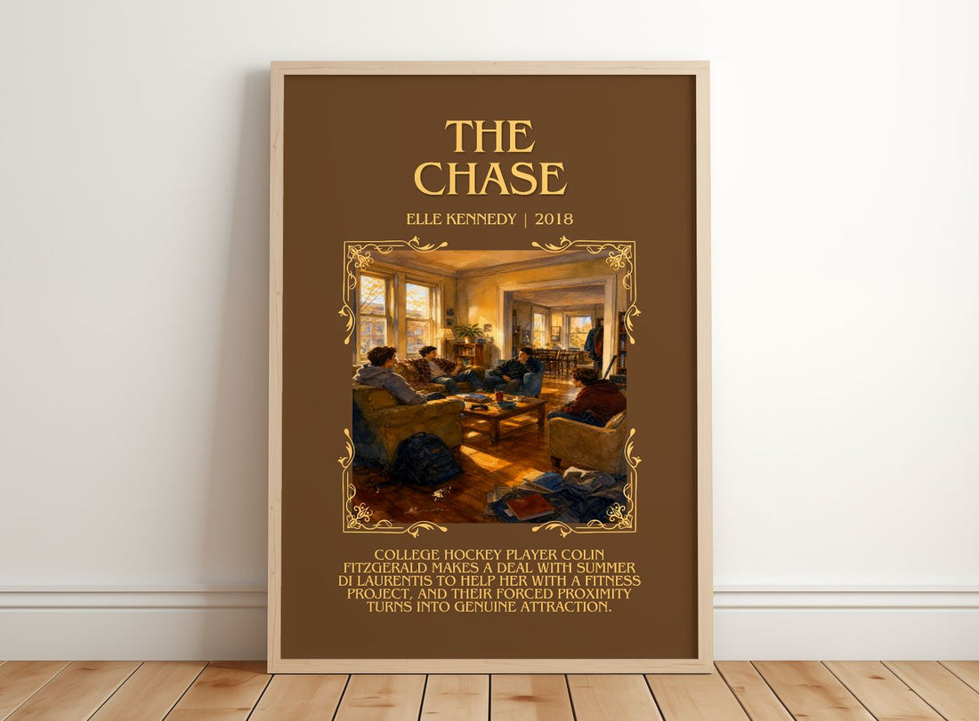 The Chase Minimalist Book Poster by Elle Kennedy – framed print leaning on a wooden floor