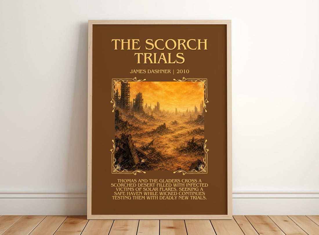 The Scorch Trials Minimalist Book Poster by James Dashner – framed print leaning on a wooden floor