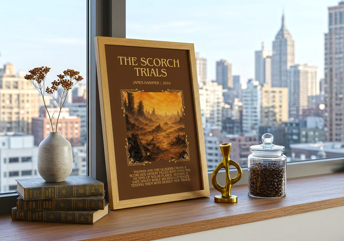 The Scorch Trials Minimalist Book Poster by James Dashner – framed print on a city-view windowsill