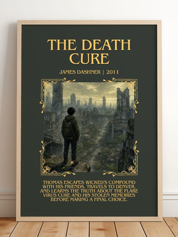 The Death Cure Minimalist Book Poster by James Dashner – framed print leaning on a wooden floor
