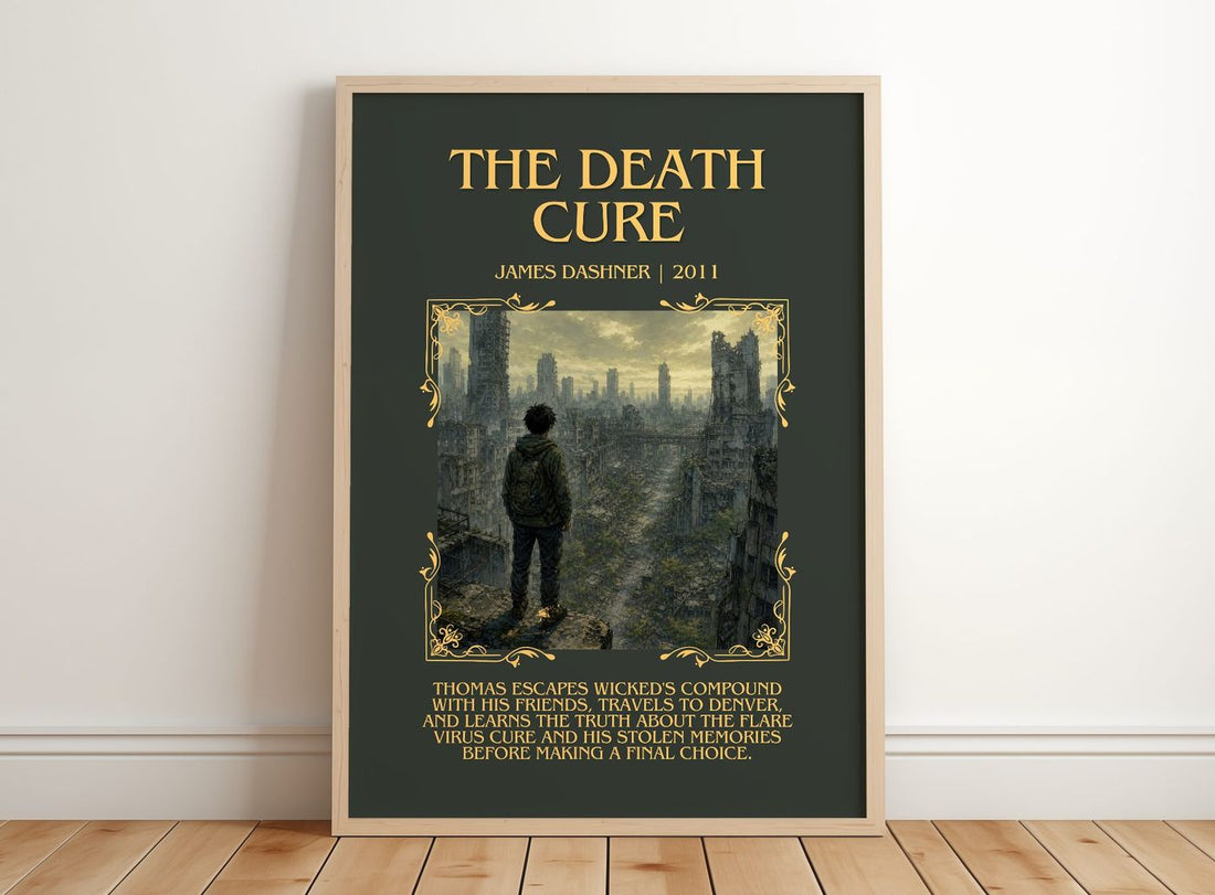 The Death Cure Minimalist Book Poster by James Dashner – framed print leaning on a wooden floor