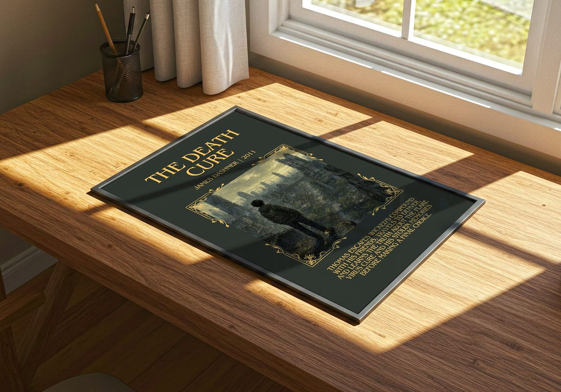 The Death Cure Minimalist Book Poster by James Dashner – print on a sunlit desk