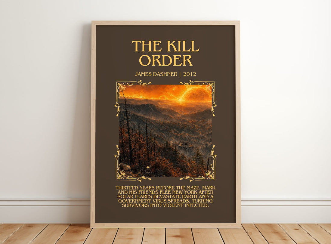 The Kill Order Minimalist Book Poster by James Dashner – framed print leaning on a wooden floor