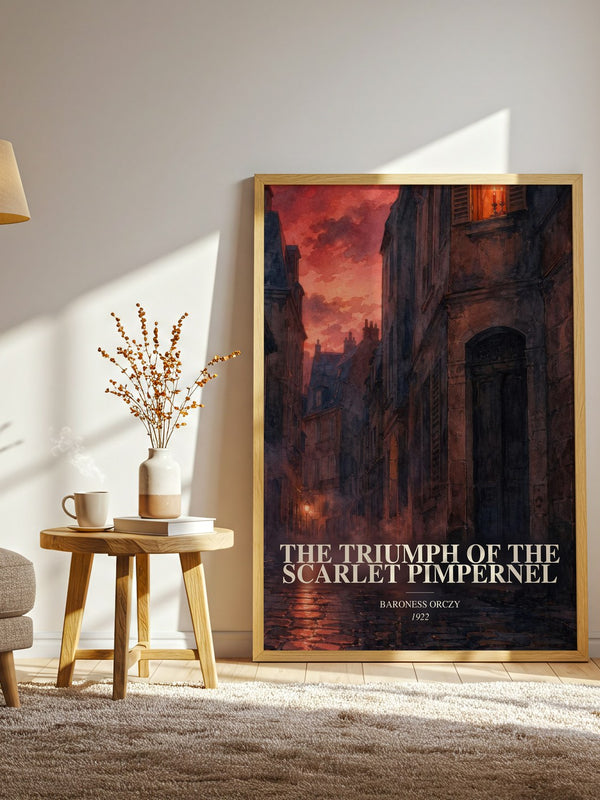 The Triumph Of The Scarlet Pimpernel watercolour print in frame leaning in hallway – historical fiction wall art