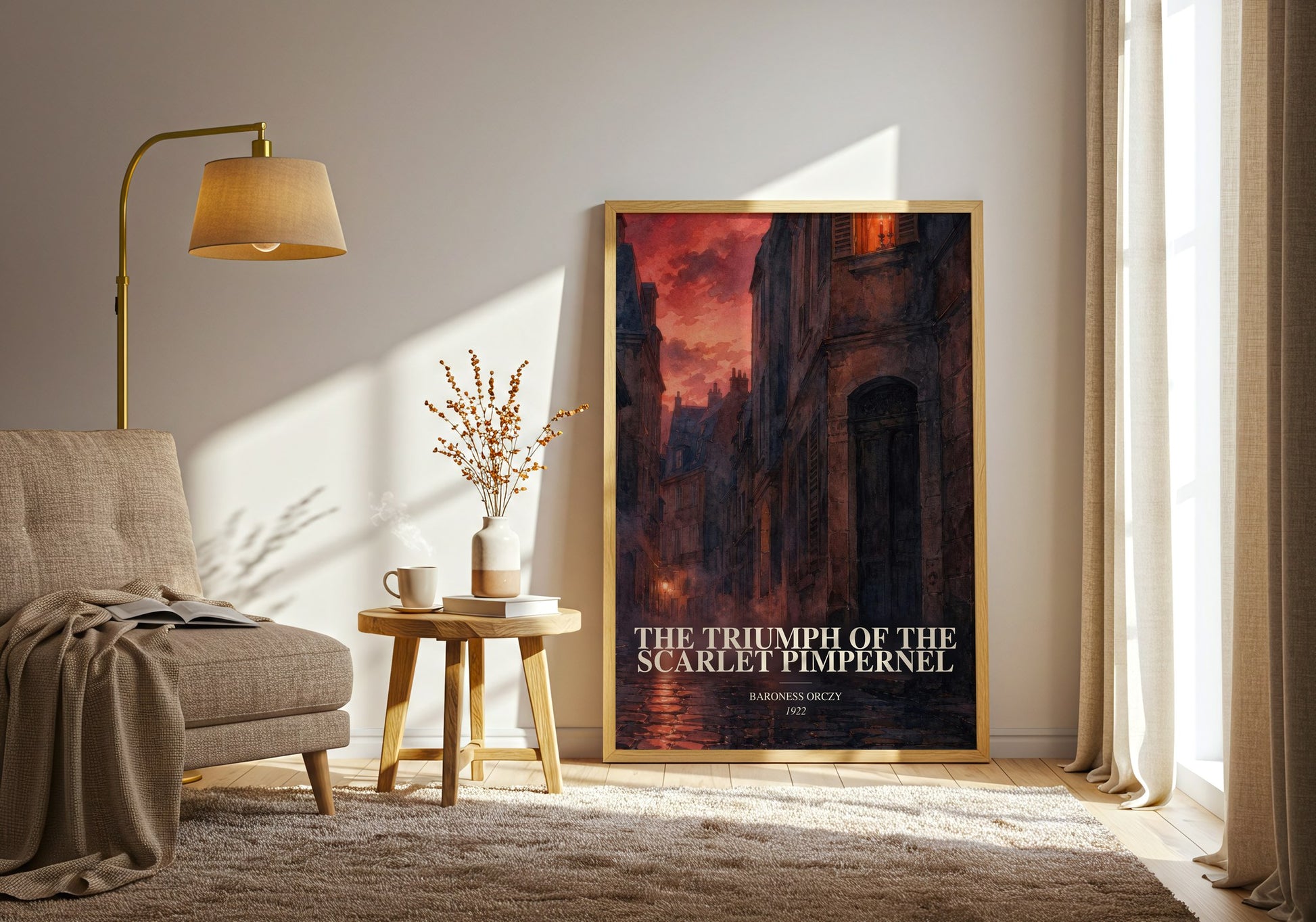 The Triumph Of The Scarlet Pimpernel watercolour print in frame leaning in hallway – historical fiction wall art