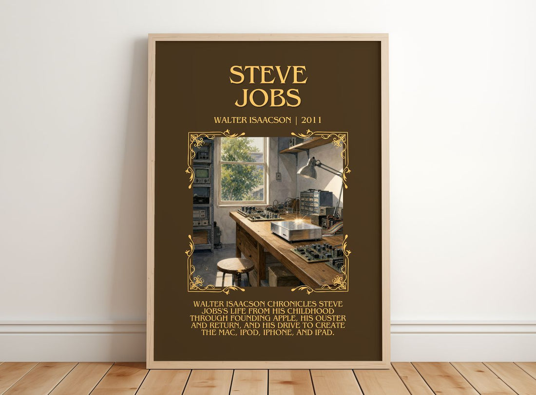 Steve Jobs Minimalist Book Poster by Walter Isaacson – framed print leaning on a wooden floor