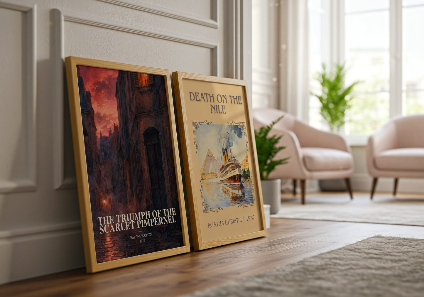 The Triumph Of The Scarlet Pimpernel watercolour print framed by window – literary home decor