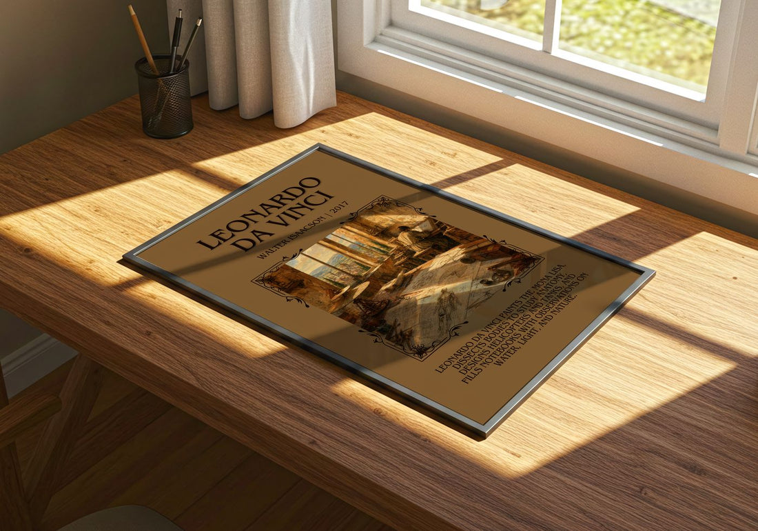 Leonardo da Vinci Minimalist Book Poster by Walter Isaacson – print on a sunlit desk