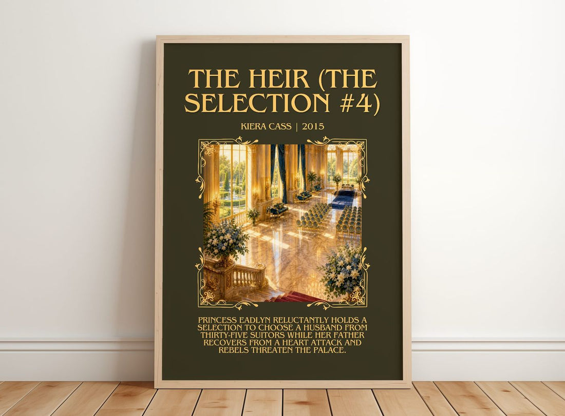 The Heir (The Selection #4) Minimalist Book Poster by Kiera Cass – framed print leaning on a wooden floor