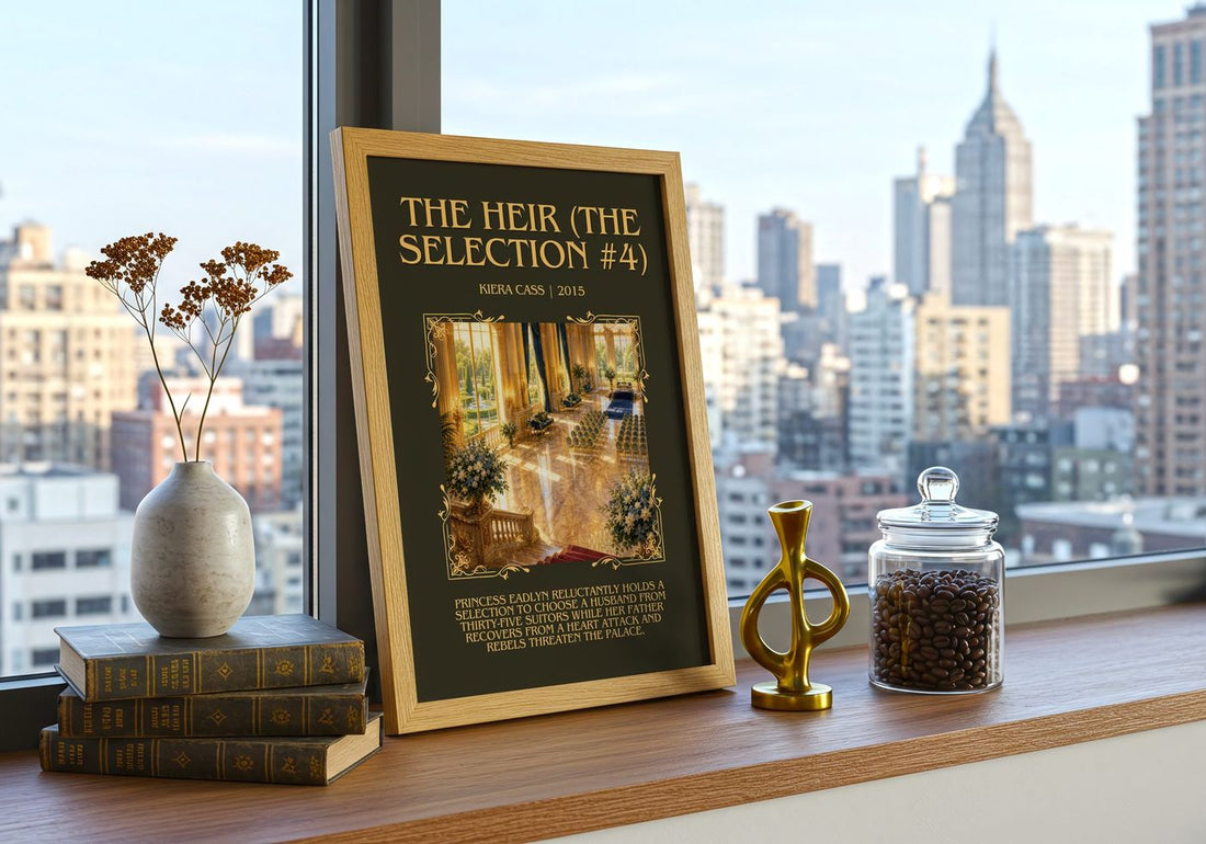 The Heir (The Selection #4) Minimalist Book Poster by Kiera Cass – framed print on a city-view windowsill