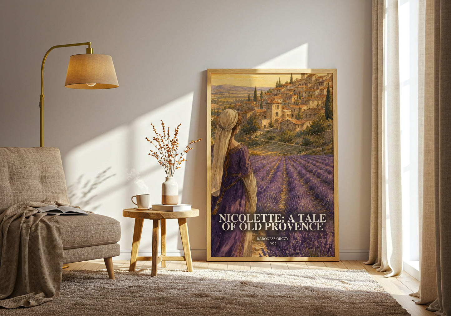 Nicolette: A Tale Of Old Provence watercolour print in frame leaning in hallway – historical fiction wall art