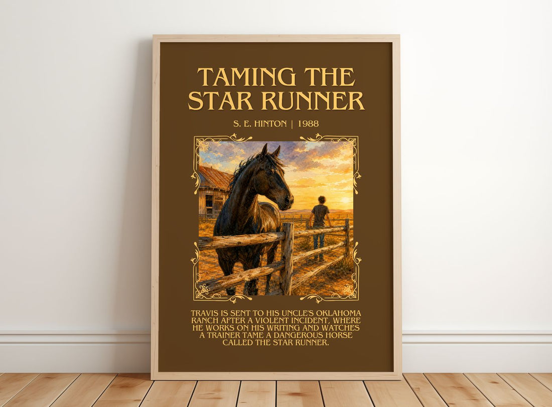 Taming the Star Runner Minimalist Book Poster by S. E. Hinton – framed print leaning on a wooden floor