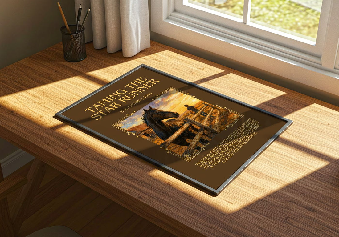 Taming the Star Runner Minimalist Book Poster by S. E. Hinton – print on a sunlit desk