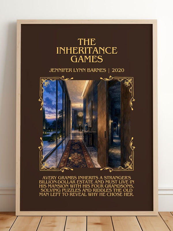 The Inheritance Games Minimalist Book Poster by Jennifer Lynn Barnes – framed print leaning on a wooden floor