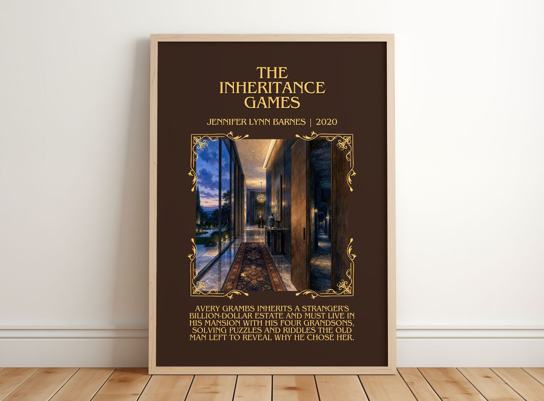 The Inheritance Games Minimalist Book Poster by Jennifer Lynn Barnes – framed print leaning on a wooden floor