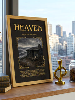 Heaven Minimalist Book Poster by V.C. Andrews – framed print on a city-view windowsill