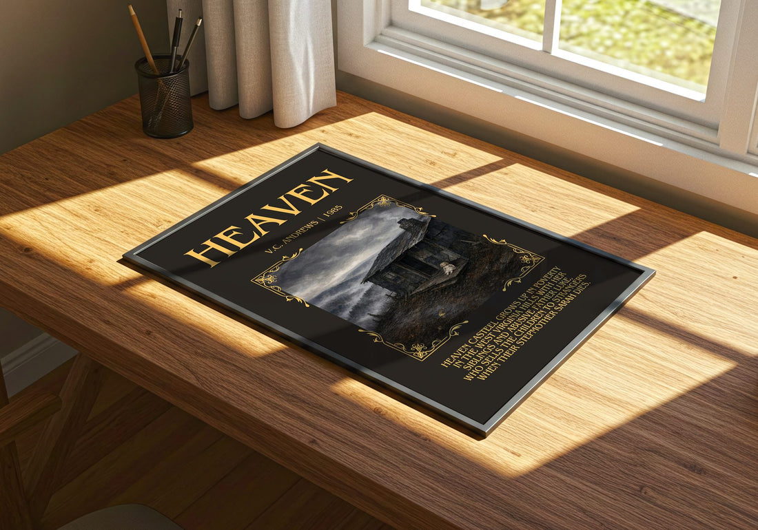 Heaven Minimalist Book Poster by V.C. Andrews – print on a sunlit desk