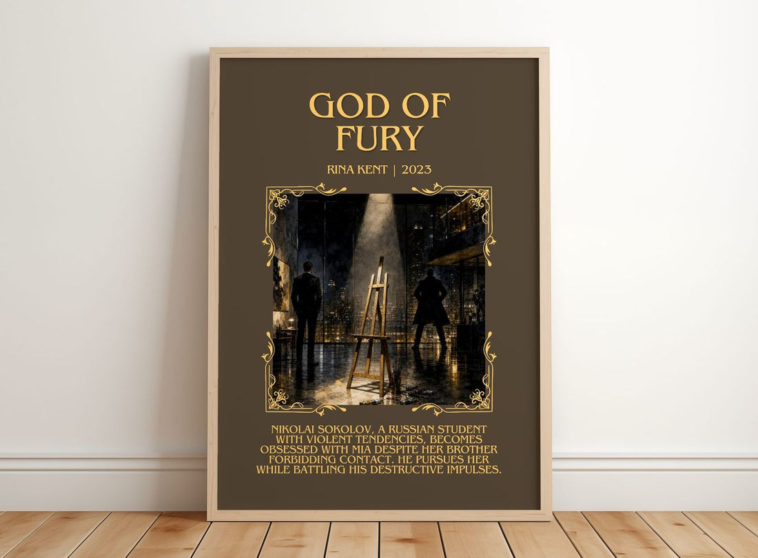 God of Fury Minimalist Book Poster by Rina Kent – framed print leaning on a wooden floor