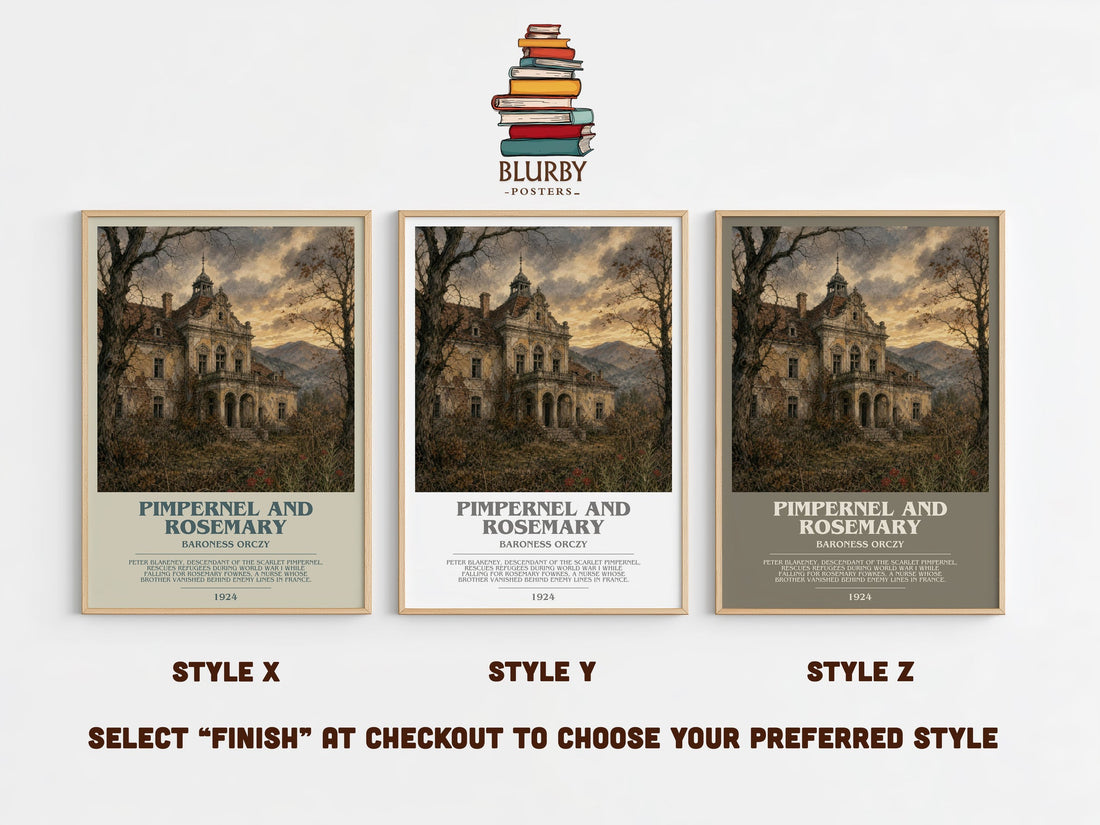 Pimpernel And Rosemary bookish print in frame leaning in hallway – historical fiction wall art (mockup)