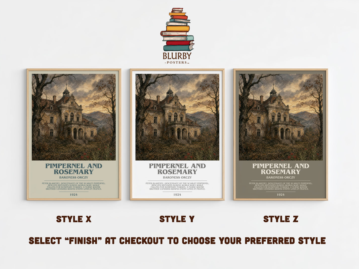 Pimpernel And Rosemary bookish print in frame leaning in hallway – historical fiction wall art