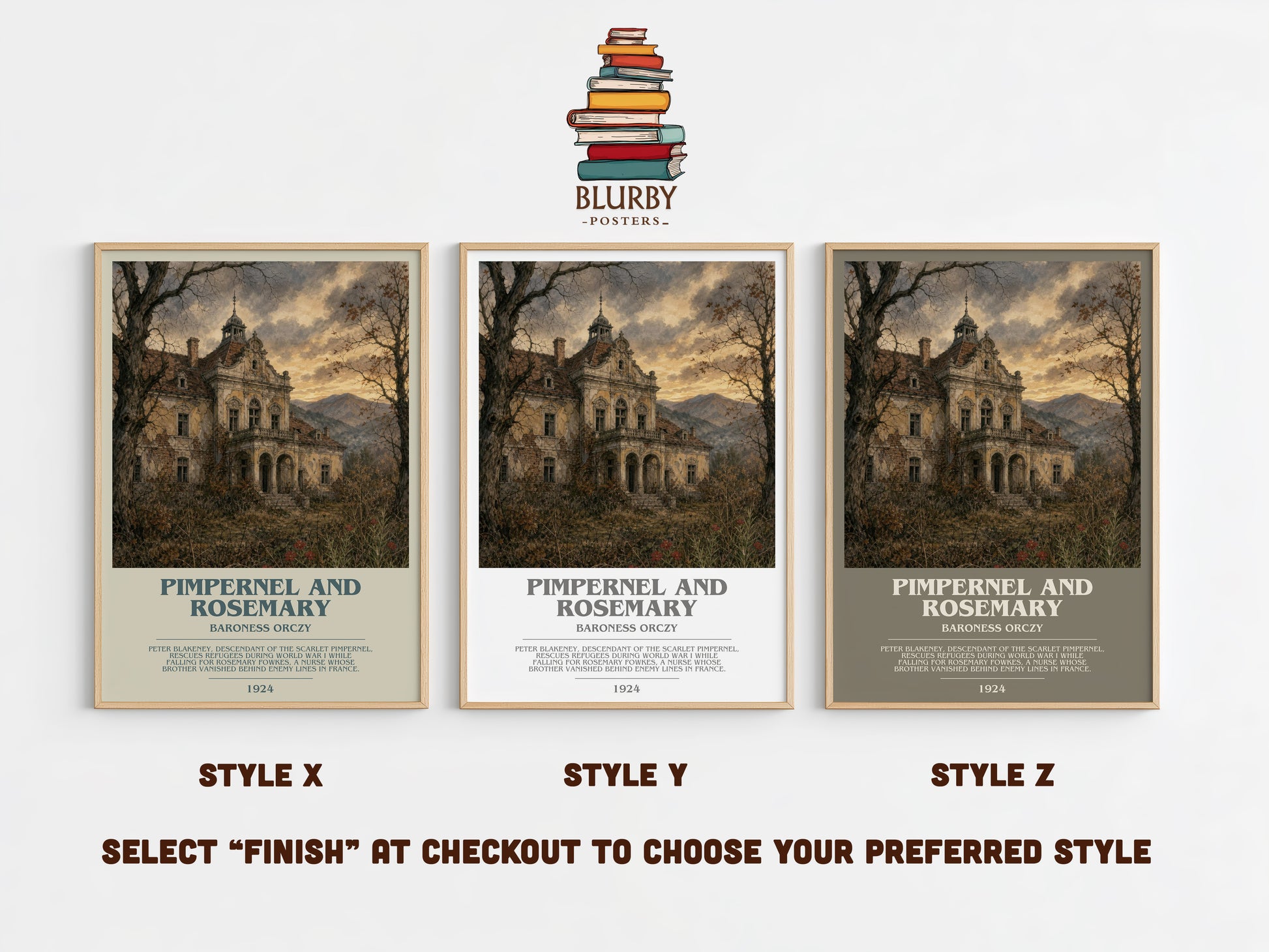 Pimpernel And Rosemary bookish print in frame leaning in hallway – historical fiction wall art