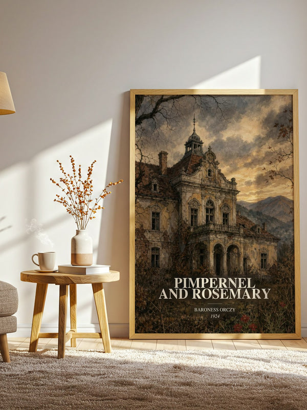 Pimpernel And Rosemary watercolour print in frame leaning in hallway – historical fiction wall art
