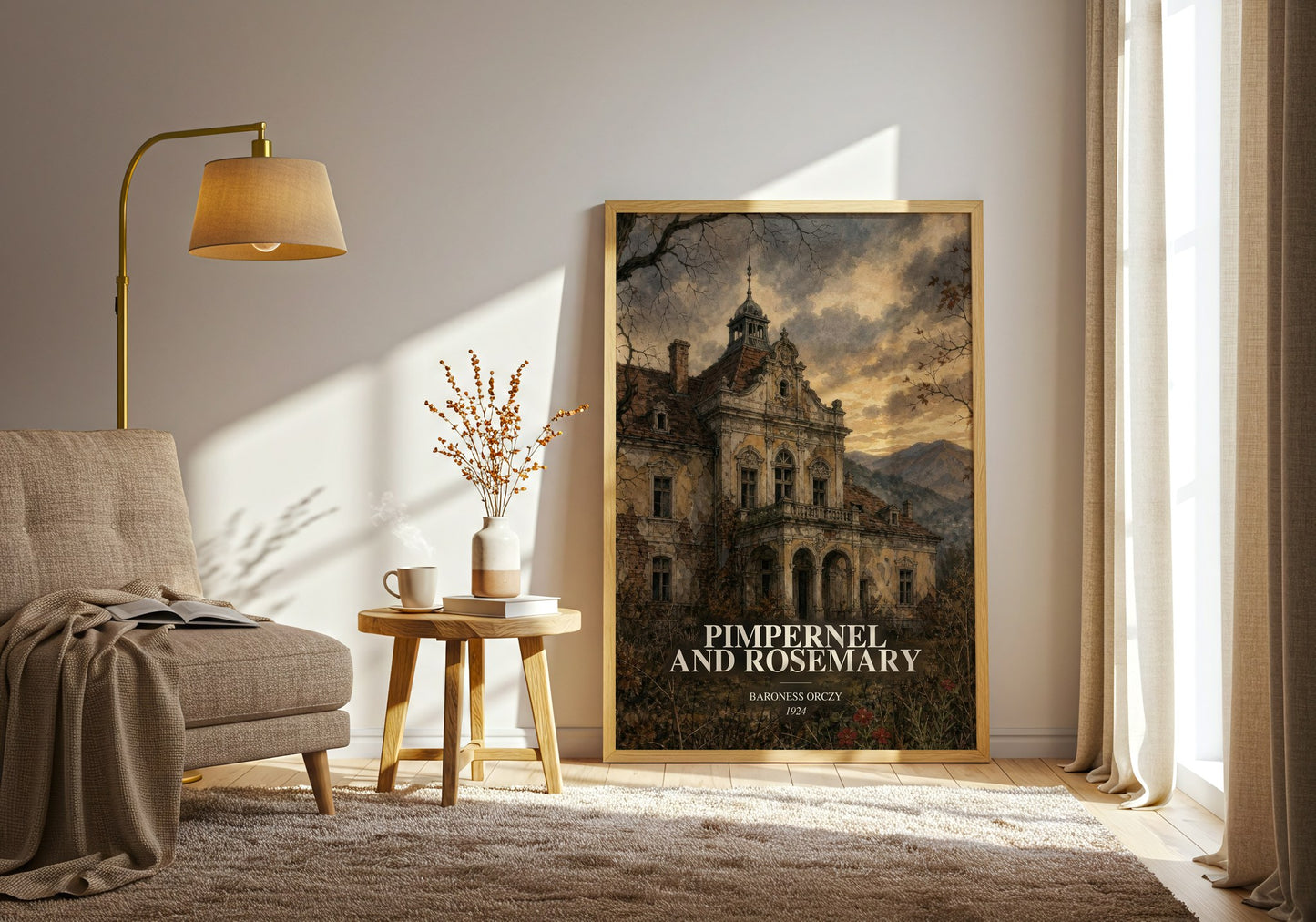 Pimpernel And Rosemary watercolour print in frame leaning in hallway – historical fiction wall art