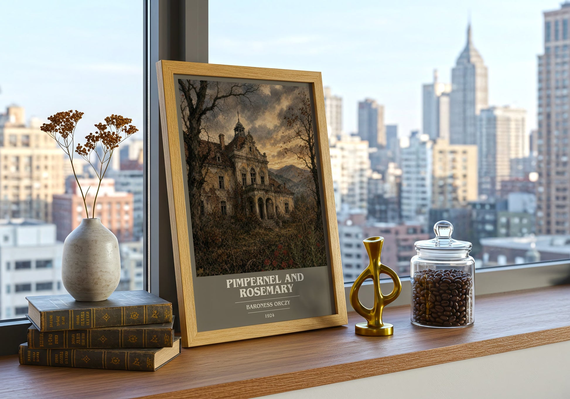 Pimpernel And Rosemary book cover print framed by window – literary home decor