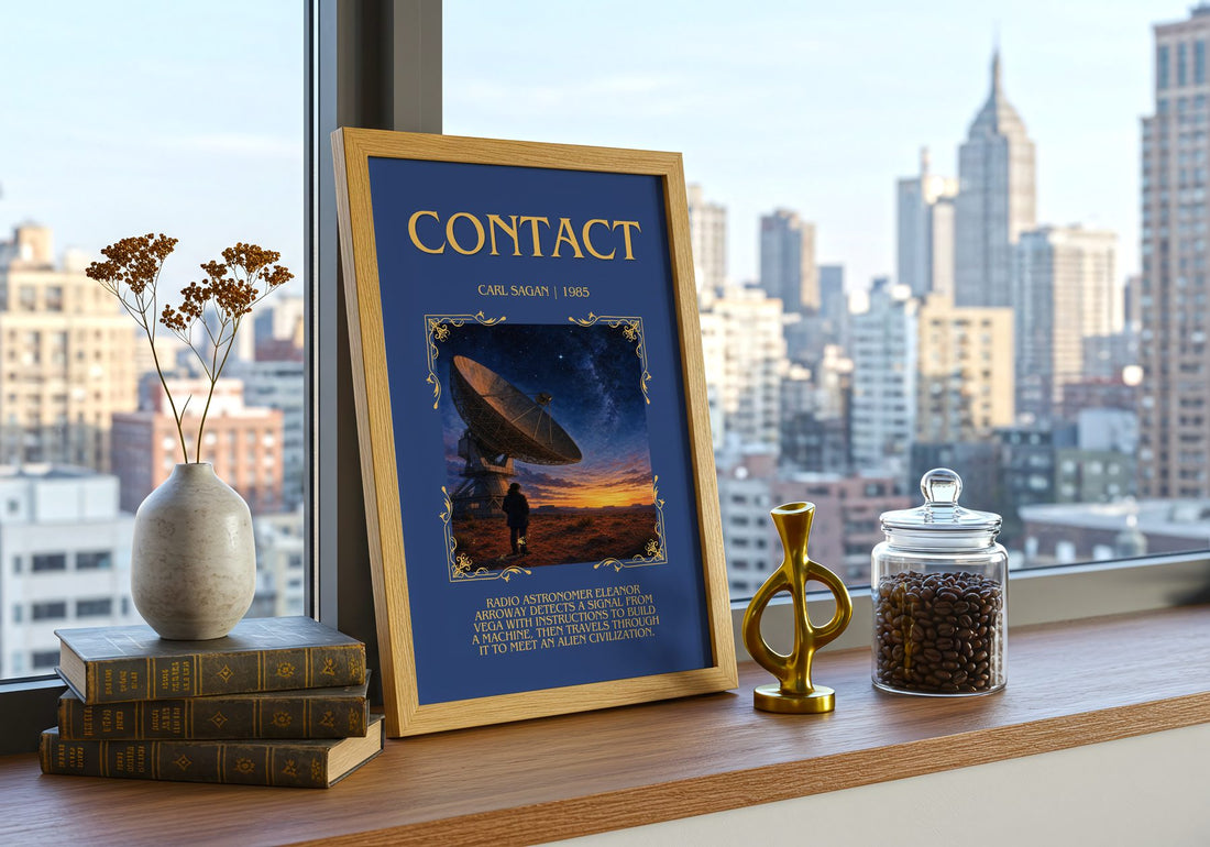 Contact Minimalist Book Poster by Carl Sagan – framed print on a city-view windowsill