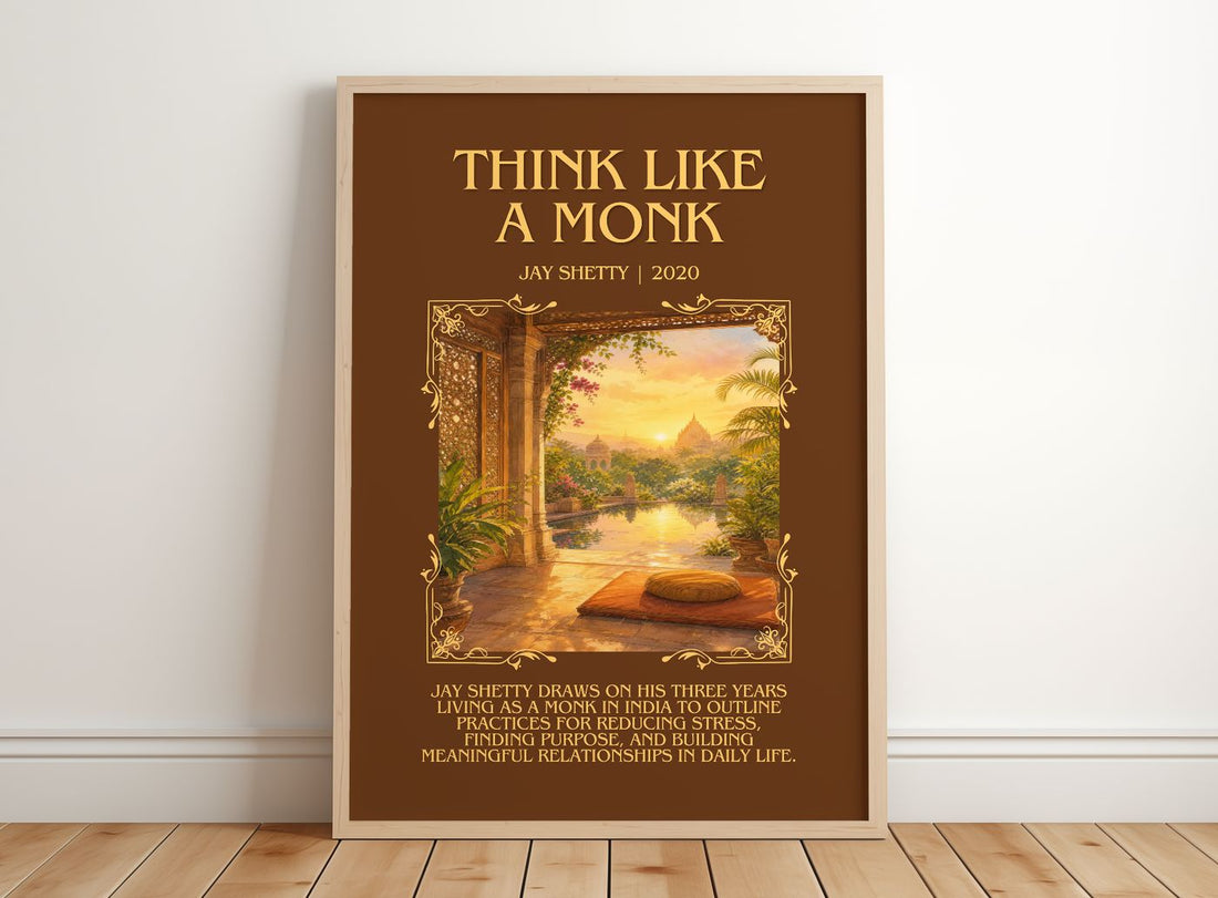 Think Like a Monk Minimalist Book Poster by Jay Shetty – framed print leaning on a wooden floor