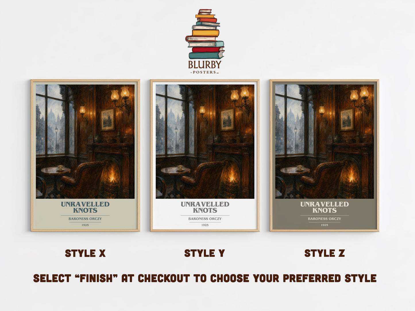 Unravelled Knots book cover print in frame leaning in hallway – mystery wall art