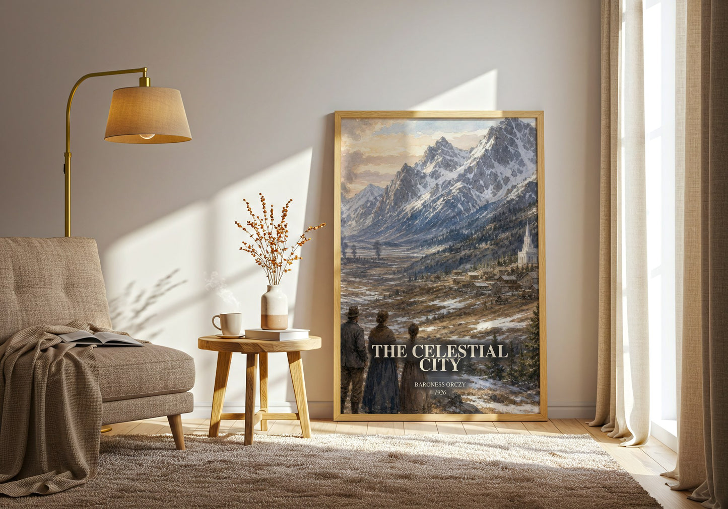The Celestial City watercolour print in frame leaning in hallway – romance wall art